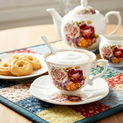 Vintage Floral Tea Cup Set beautifully arranged with floral decor, displaying the vintage-inspired rose patterns.