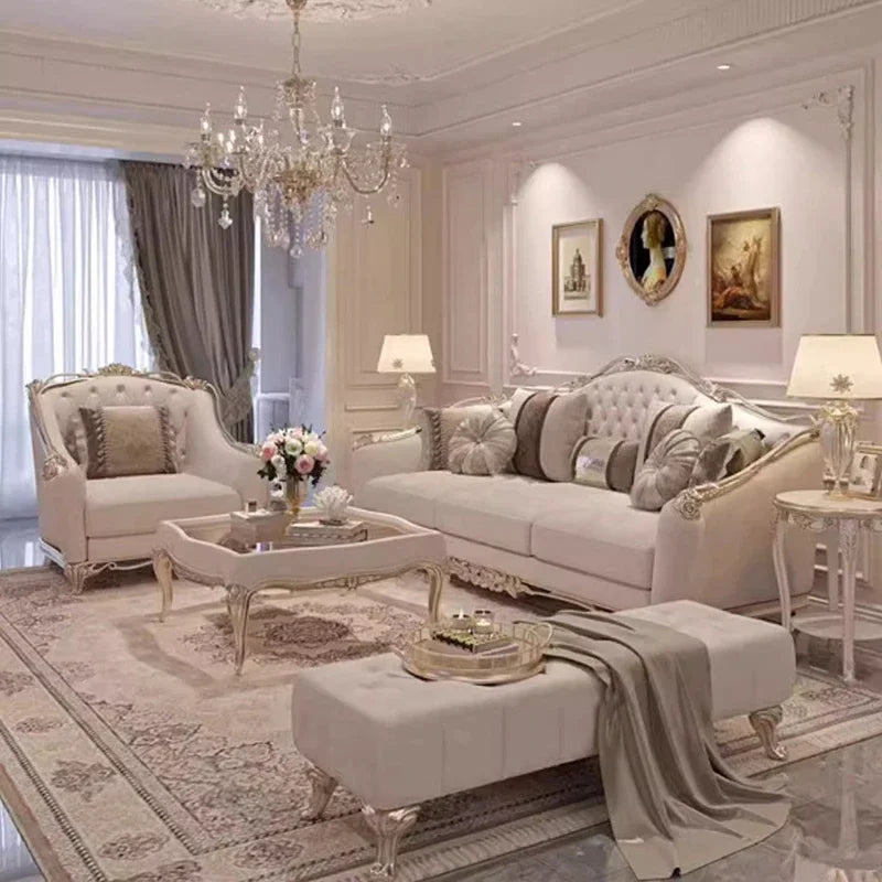 Full view of the Elegant French Style Solid Wood Living Room Furniture in Beige/Taupe and Gold, an ideal centerpiece for your living room.