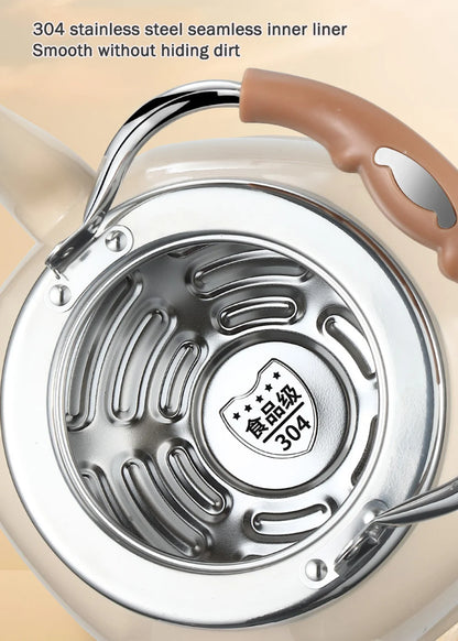 Stainless steel tea kettle with a loud whistle, great for ensuring water is ready while multitasking.