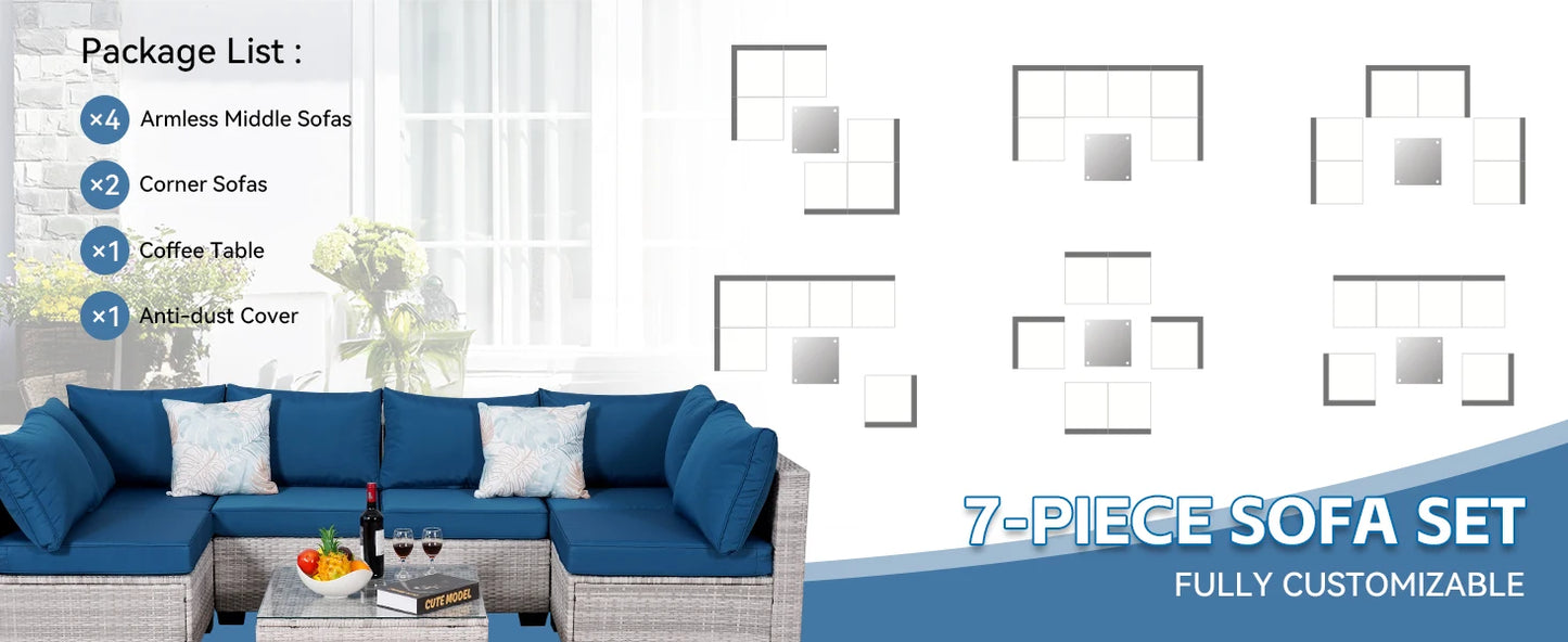 7-Piece Rattan Wicker Sectional Sofa Set