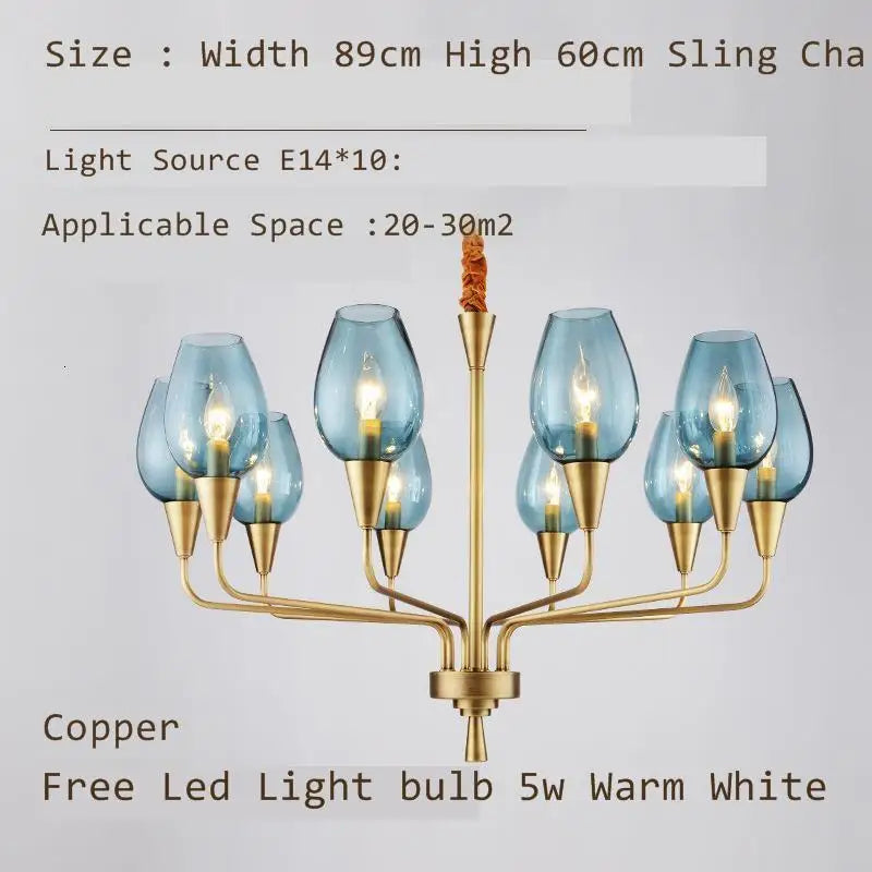 Stunning Modern LED Chandelier in Blue and Matte Brass in a well lit room, providing an elegant and inviting atmosphere.