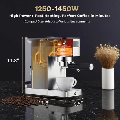 Garvee Espresso Machine 20 Bar with Milk Frother - Stainless Steel 1350W Espresso Maker - Silver, compact stainless steel espresso machine with frother