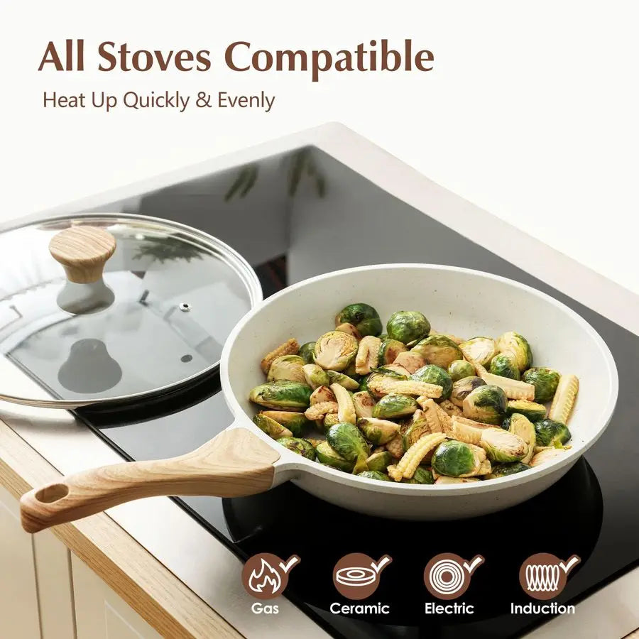 HomelyOasis 8-Inch White Ceramic Nonstick Heavy Duty Frying Pan W/ Glass Lid – cool-touch bakelite handle skillet with glass cover