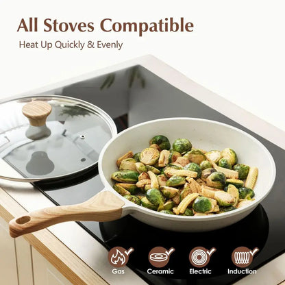 HomelyOasis 8-Inch White Ceramic Nonstick Heavy Duty Frying Pan W/ Glass Lid – cool-touch bakelite handle skillet with glass cover