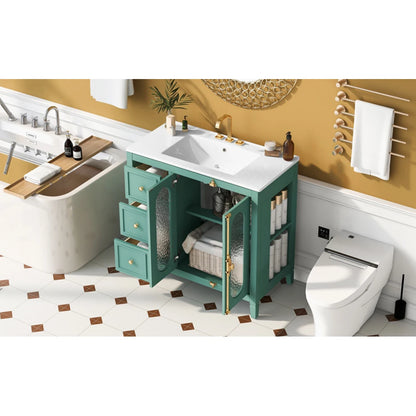 Modern 36" Double Glass Door Bathroom Cabinet w/Undermount Ceramic Sink