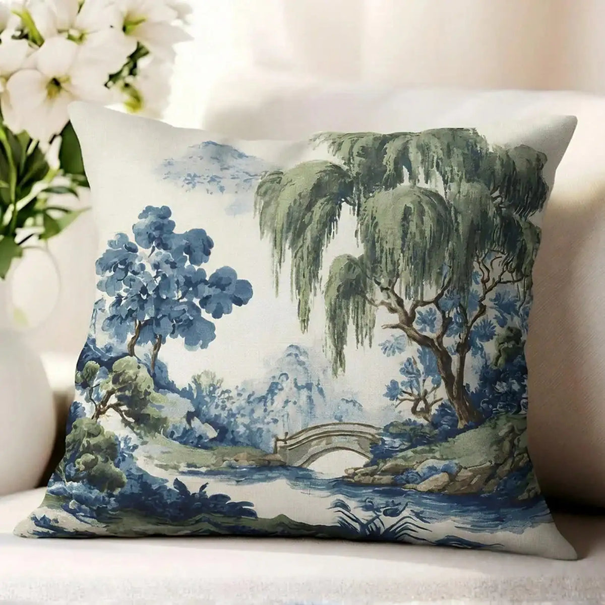 Green Willow Chinoiserie Scenic Landscape Pillow Cover in Blue and Green, Polyester Throw Pillow Case with Hidden Zipper, scenic willow tree and mountain design on chinoiserie pillow cover