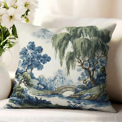 Green Willow Chinoiserie Scenic Landscape Pillow Cover in Blue and Green, Polyester Throw Pillow Case with Hidden Zipper, scenic willow tree and mountain design on chinoiserie pillow cover