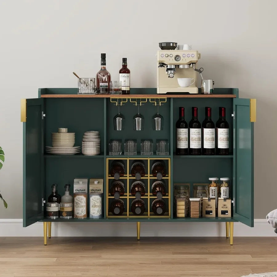Modern Green Wine Bar Cabinet w/Fluted Texture