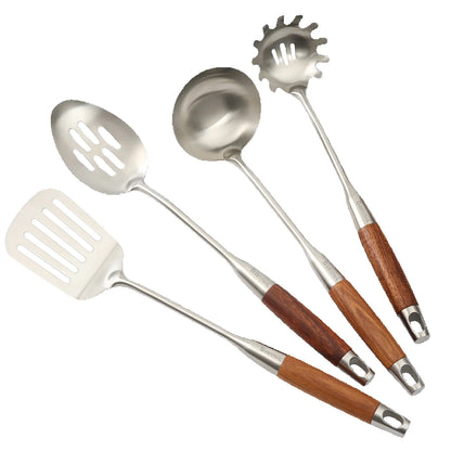 4-Piece 304 Stainless Steel Kitchen Utensil Set with Natural Wood Handles, soup ladle for serving soups and sauces