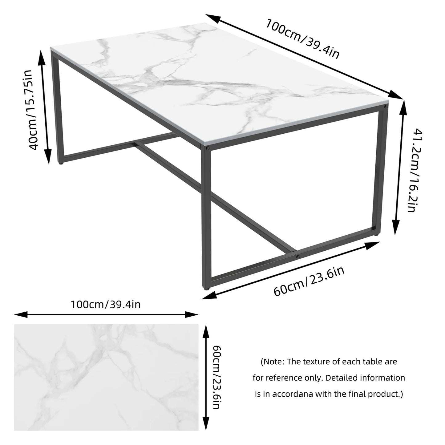 Rectangular Sintered Stone Coffee Table w/Black Metal Frame