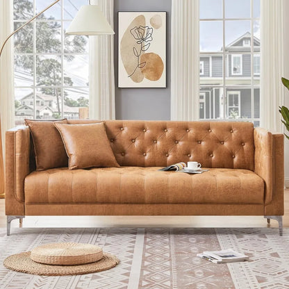 Versatile Mid-Century Modern Leather Tufted Sofa w/2 Throw Pillows