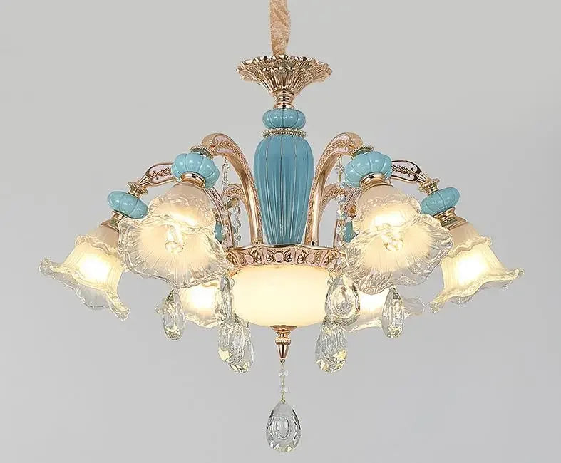 Frosted White Glass Tiffany Blue Floral Chandelier