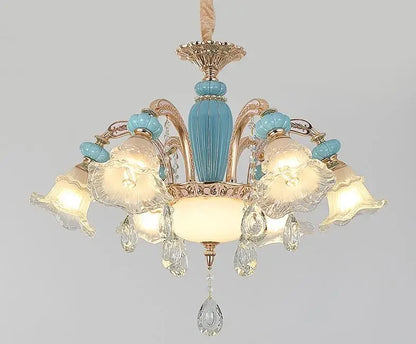 Frosted White Glass Tiffany Blue Floral Chandelier
