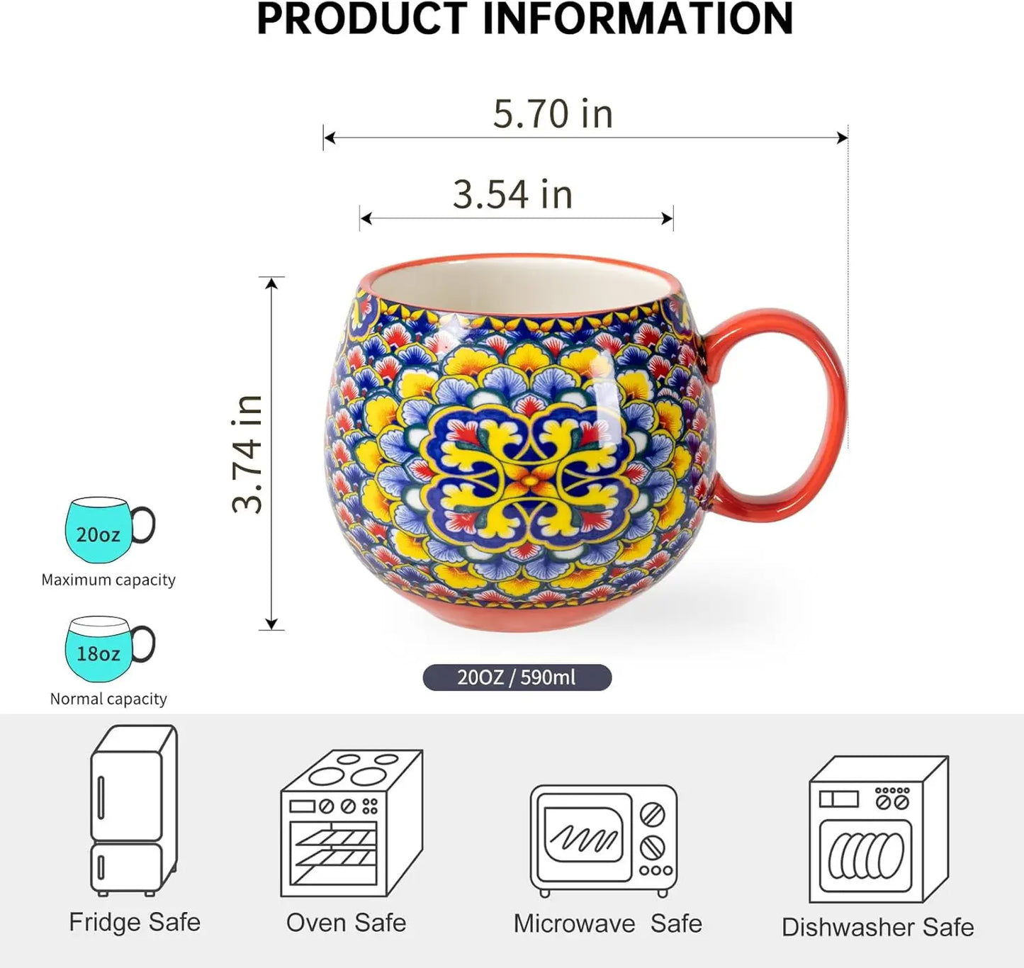 Close-up of a stylish Elegant Boho 20oz Ceramic Coffee Mug showcasing artistic patterns, ideal boho ceramic coffee mugs for home decor.
