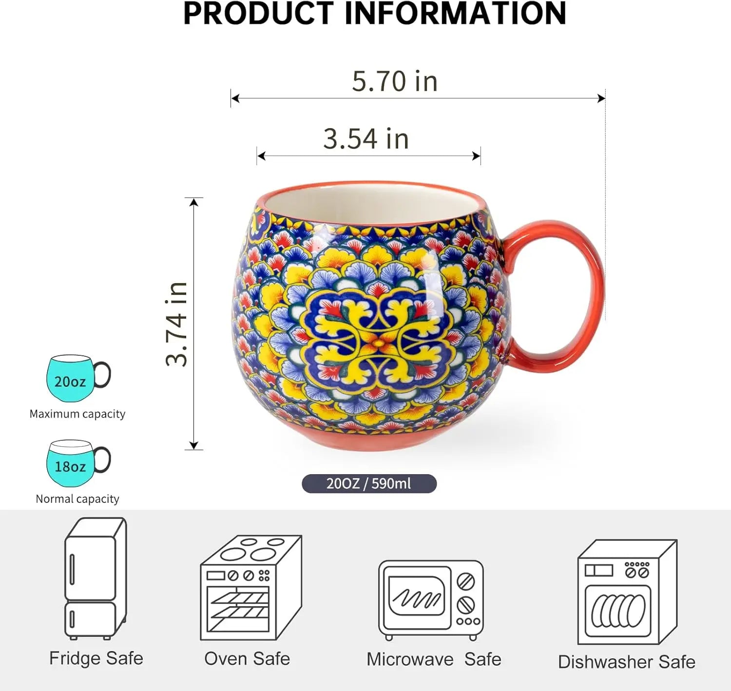Close-up of a stylish Elegant Boho 20oz Ceramic Coffee Mug showcasing artistic patterns, ideal boho ceramic coffee mugs for home decor.
