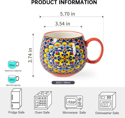 Close-up of a stylish Elegant Boho 20oz Ceramic Coffee Mug showcasing artistic patterns, ideal boho ceramic coffee mugs for home decor.