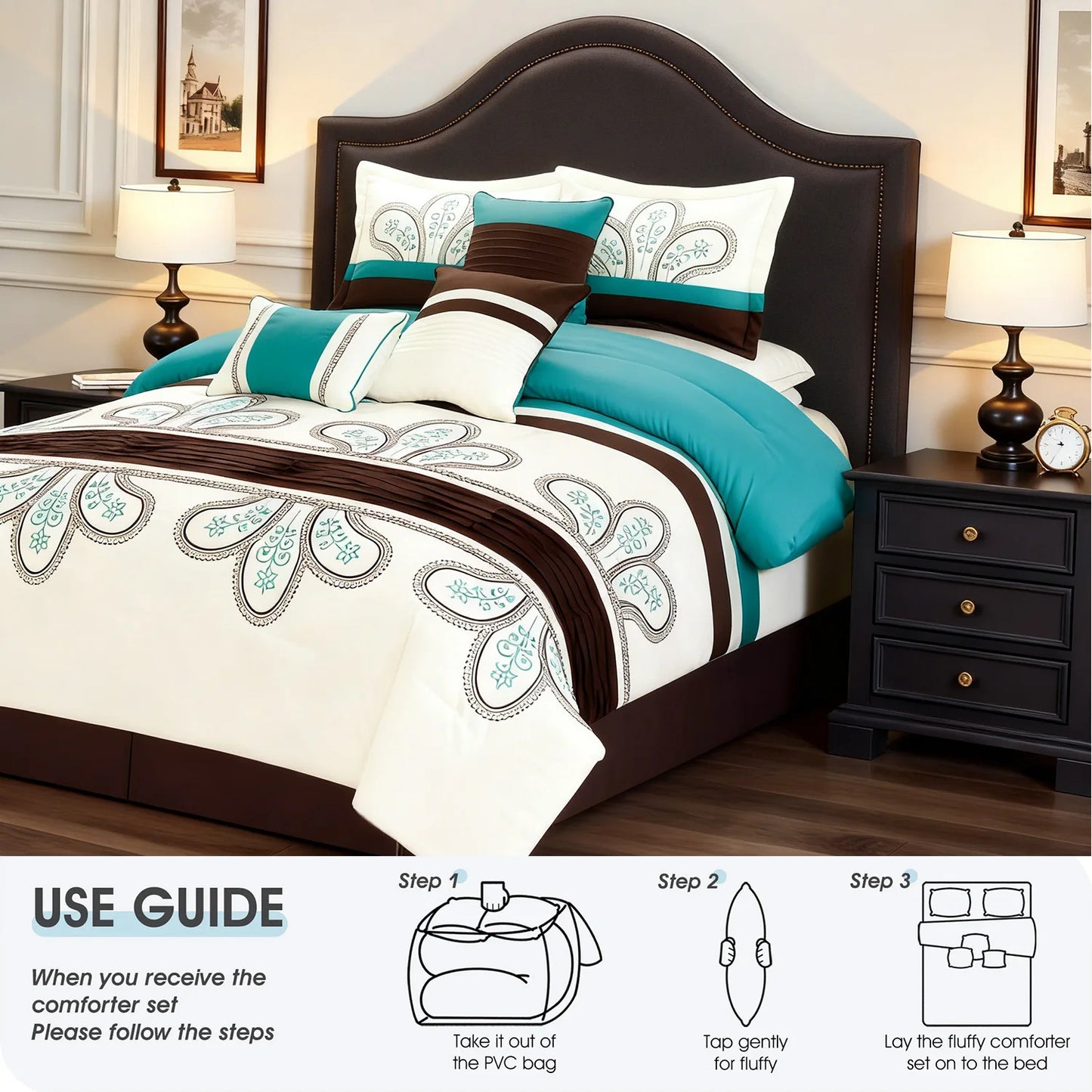 Queen King Microfiber Comforter Set laid out on a bed, highlighting its wrinkle-resistant and breathable fabric.