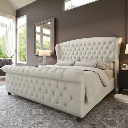 Chenille Upholstered Queen Size Platform Bed Frame
