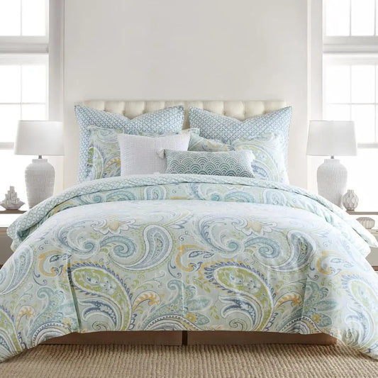 100% Cotton Paisley Comforter Set Full/Queen in green, yellow, blue - Soft hypoallergenic cotton comforter set for modern bedroom decor.