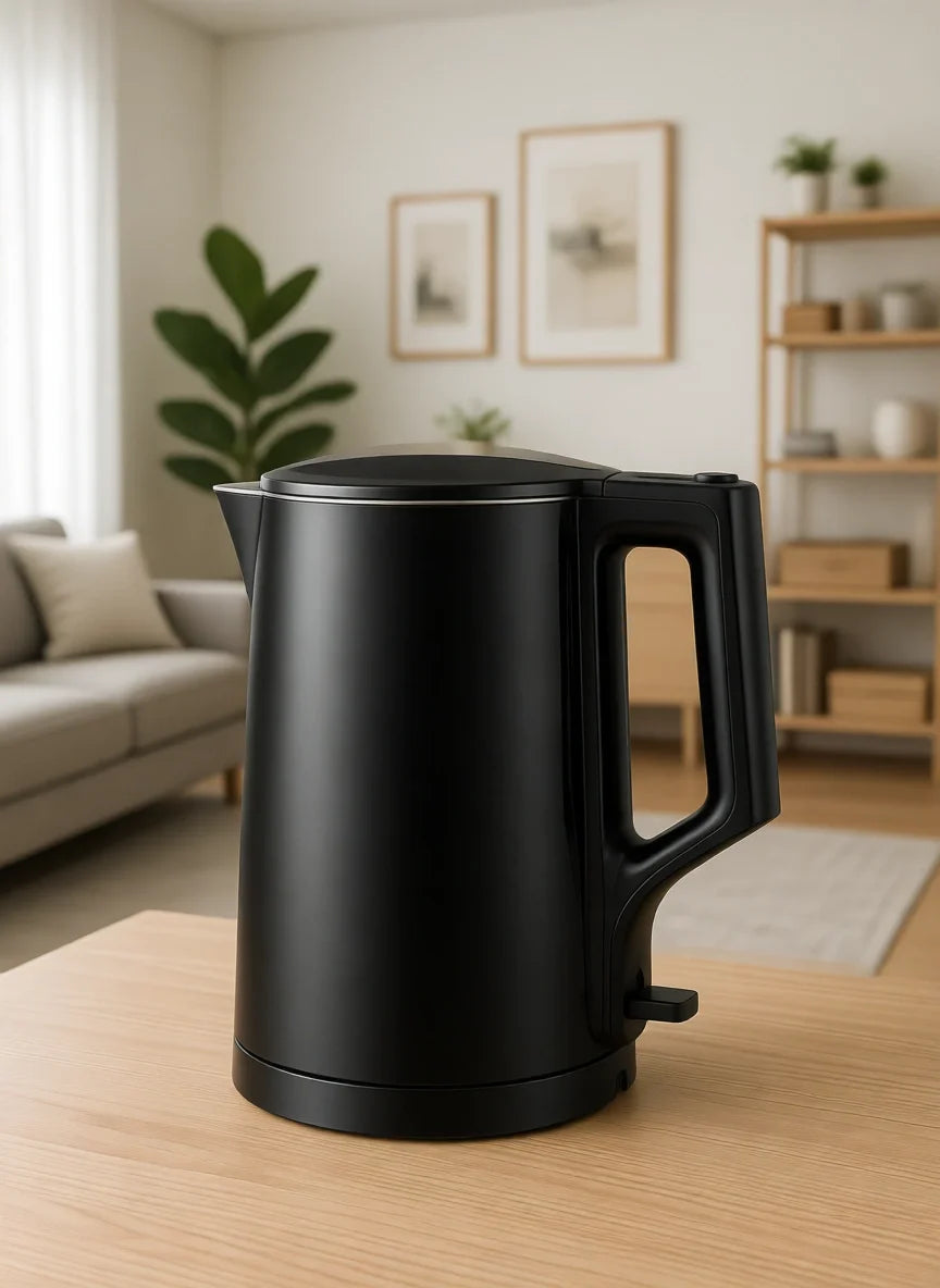 Overview of Comfee’ 1.7L Black Double Wall Electric Kettle emphasizing its modern style and double-wall insulation.