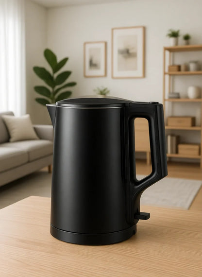 Overview of Comfee’ 1.7L Black Double Wall Electric Kettle emphasizing its modern style and double-wall insulation.