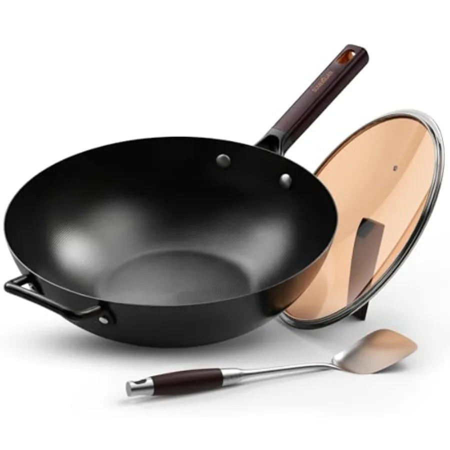 Close-up of the 13.5-Inch Pre-Seasoned Carbon Steel Wok with Lid highlighting its durable pre-seasoned surface.