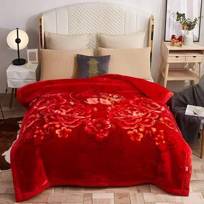 Korean Raschel 2-Ply Heavy Fleece Blanket, 78x90 Queen Size Reversible Geometric Plush Blanket styled in a warm brown floral bedroom; reversible geometric blanket with plush comfort.