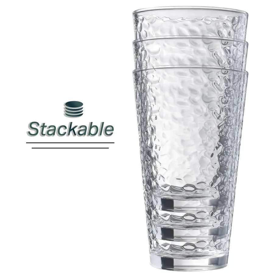 Premium 16oz hammered glass tumblers, perfect for entertaining and everyday use, featuring a chic stackable design.