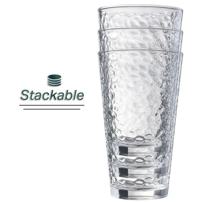 Premium 16oz hammered glass tumblers, perfect for entertaining and everyday use, featuring a chic stackable design.