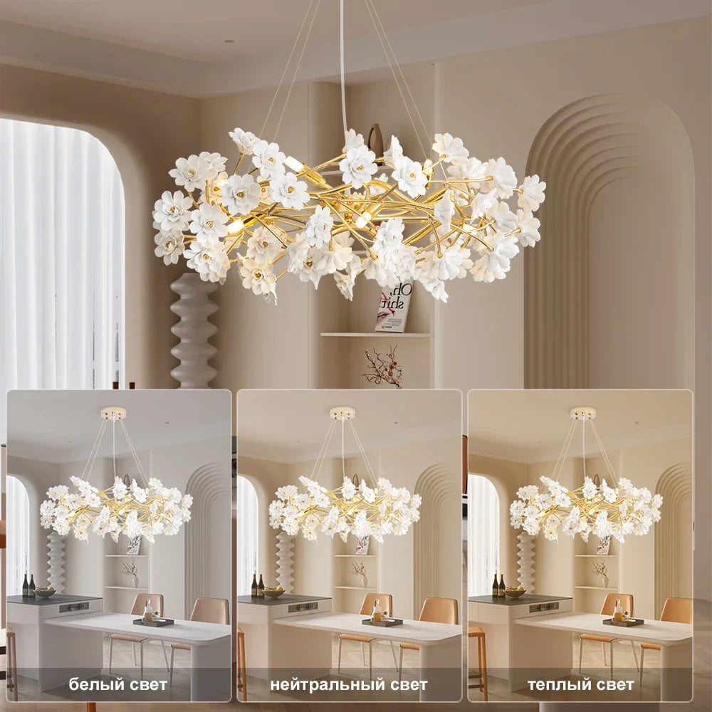 Elegant Gold Luxury Crystal Chandelier with white flower accents illuminating a dining room, a perfect choice for an elegant gold crystal chandelier.