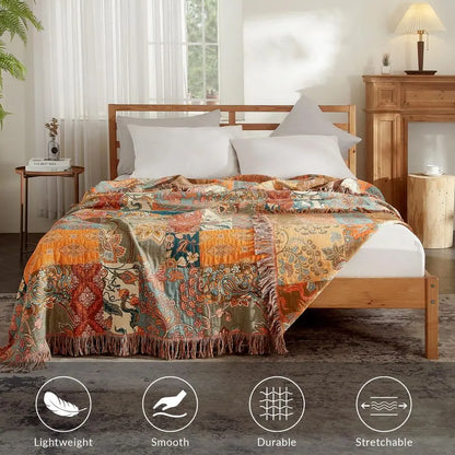 Ultra Soft 100% Muslin Cotton Boho Throw Blanket w/Printed Patchwork Floral Design