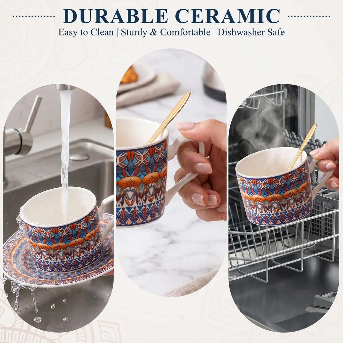 Bohemian Ceramic Coffee Cup and Saucer Set for 2, 8.5 oz Espresso Mugs with Spoons, glossy ceramic coffee cup set