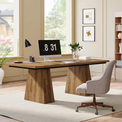 Modern 63" Walnut Brown Large Office Computer Desk with Double Pedestal Storage, featuring a stylish and spacious design.