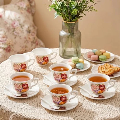 Vintage Floral Tea Cup Set of 6 showcasing beautiful ivory ceramic cups with elegant rose patterns, perfect for afternoon tea parties.