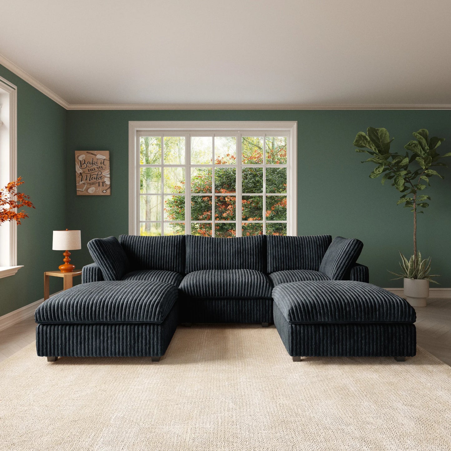 Oversized Black U-shaped Covertible Cloud Couch w/Ottoman