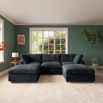 Oversized Black U-shaped Covertible Cloud Couch w/Ottoman