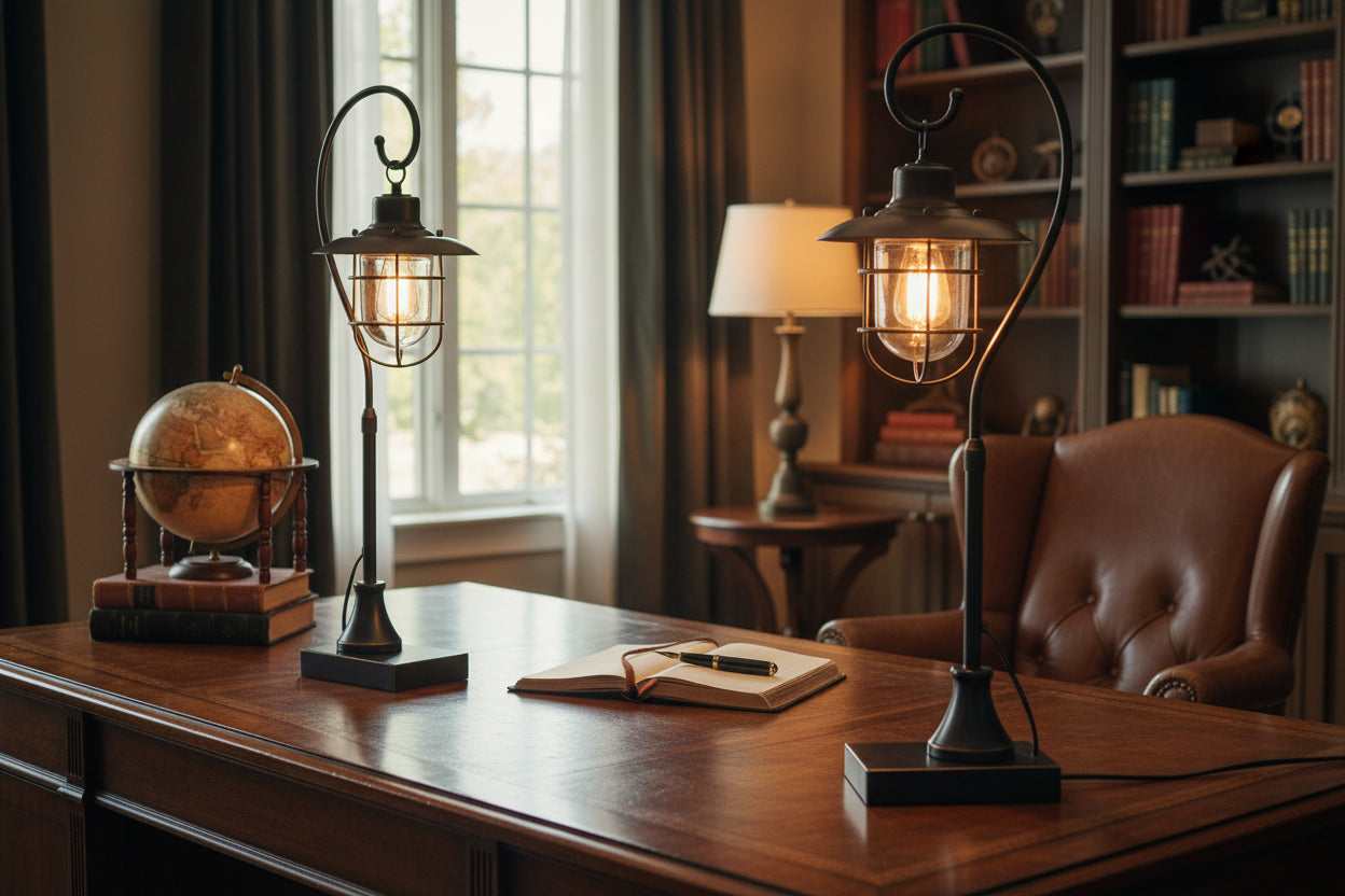 Set of 2 Contemporary 33" Tyr Metal Task Lamps showcases modern design with clear caged glass shades, perfect as contemporary metal desk lamps.