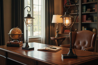 Set of 2 Contemporary 33" Tyr Metal Task Lamps showcases modern design with clear caged glass shades, perfect as contemporary metal desk lamps.