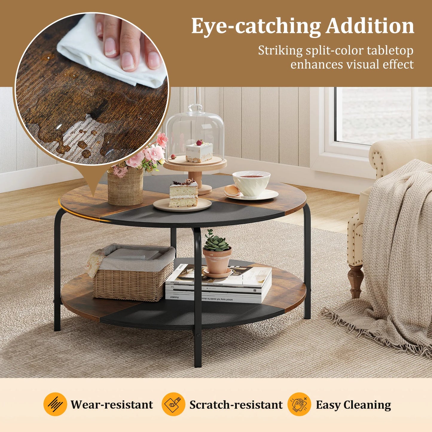 Functional lower shelf of the 31.5-Inch 2-Tier Round Coffee Table, ideal for magazines or decorative baskets, providing additional storage.