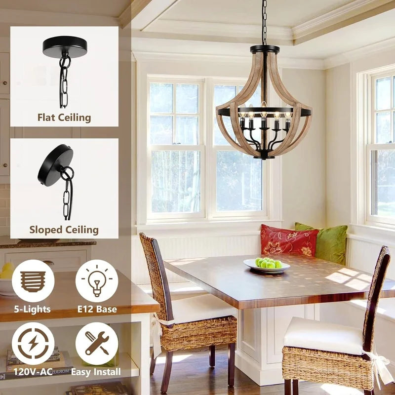 View of the 5-Light Farmhouse Lantern Wood Chandelier hanging over a rustic dining table, showcasing its cozy farmhouse style.