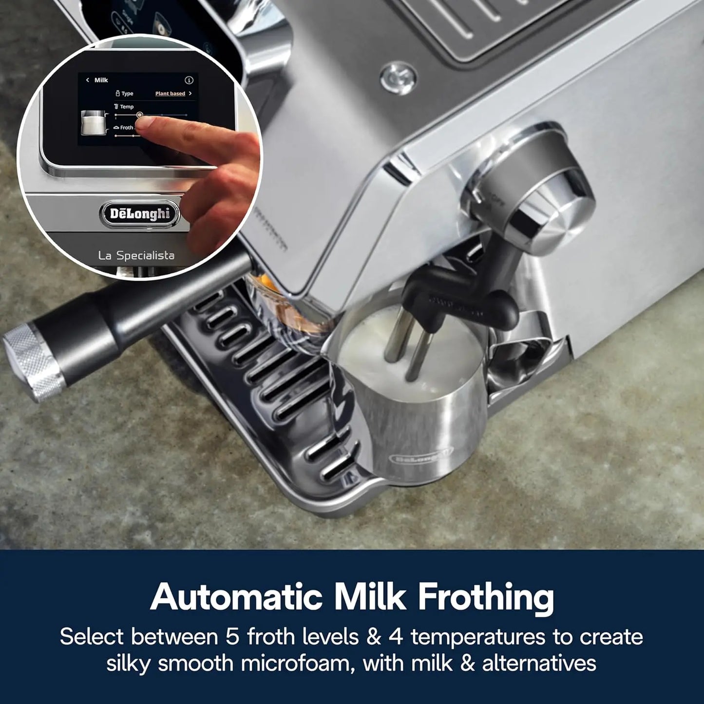 Stainless steel De'Longhi La Specialista Touch Espresso Machine with latte art being created.