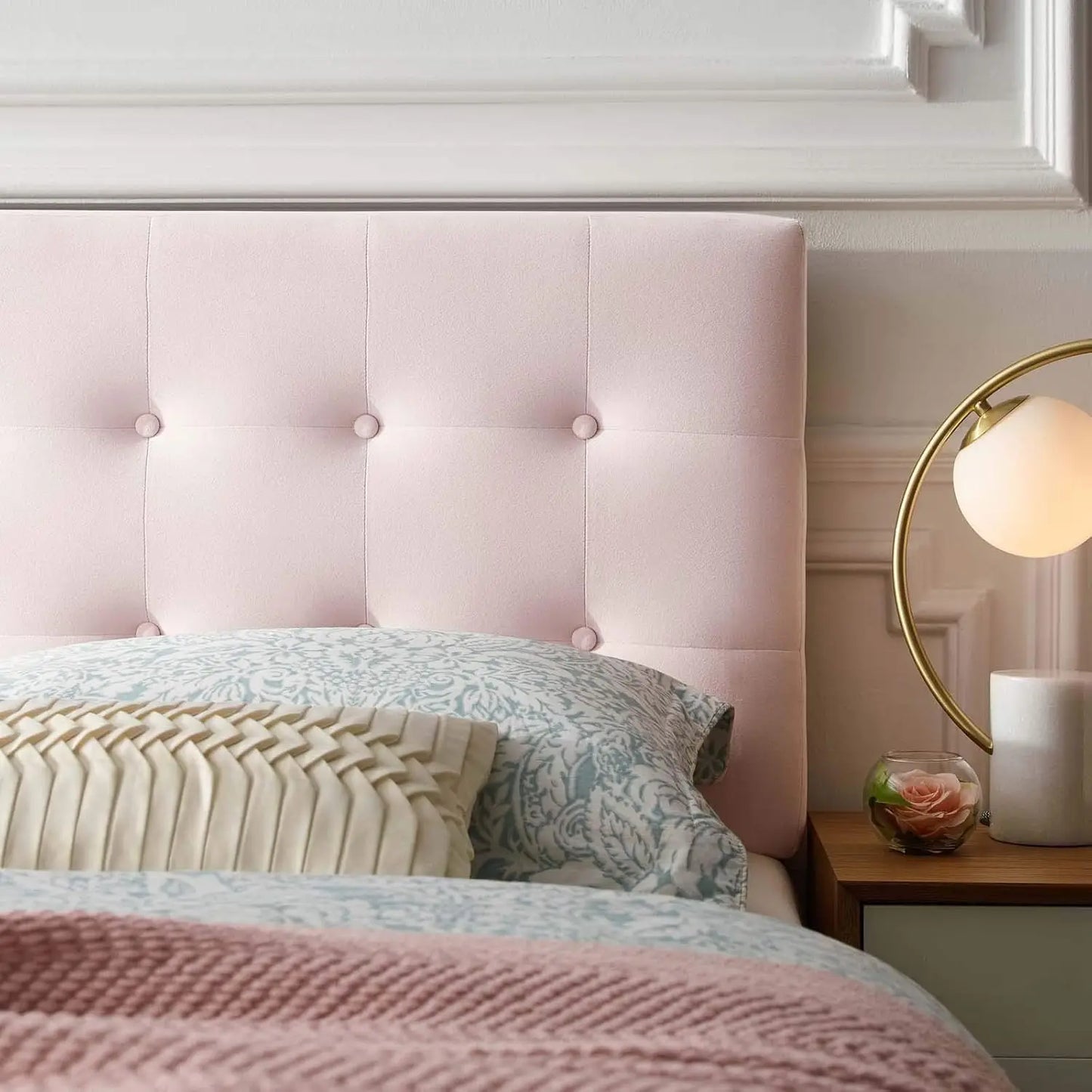 Elegant Queen Size Velvet Pink Headboard w/Tufted Design