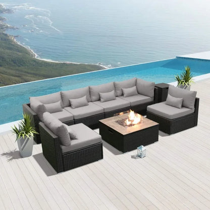 8-Piece Resin Wicker Sectional Sofa Set w/Gas Fire Pit Table