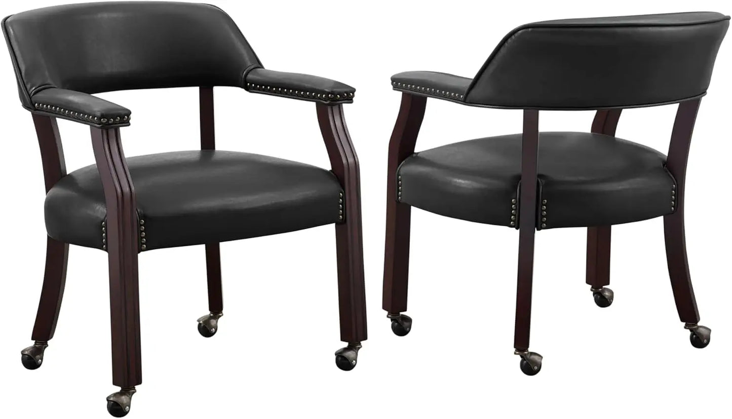 Upholstered Solid Black Arm Dining Chair w/Casters & Nailhead Trim