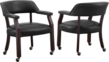 Upholstered Solid Black Arm Dining Chair w/Casters & Nailhead Trim