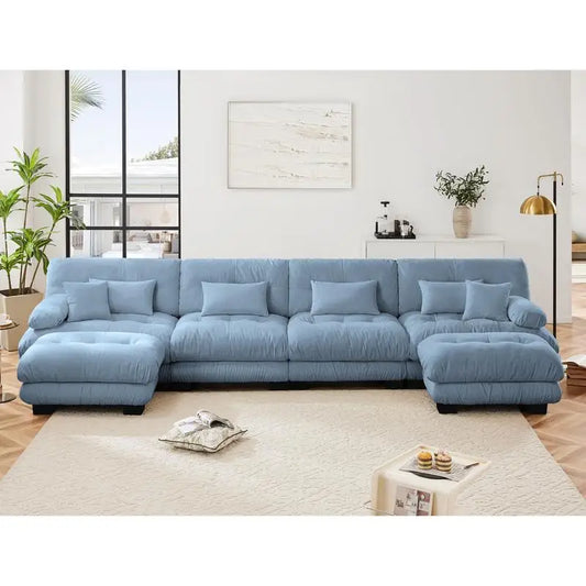 Luxury Modular Blue U-shaped Sectional Sofa w/2 Ottomans