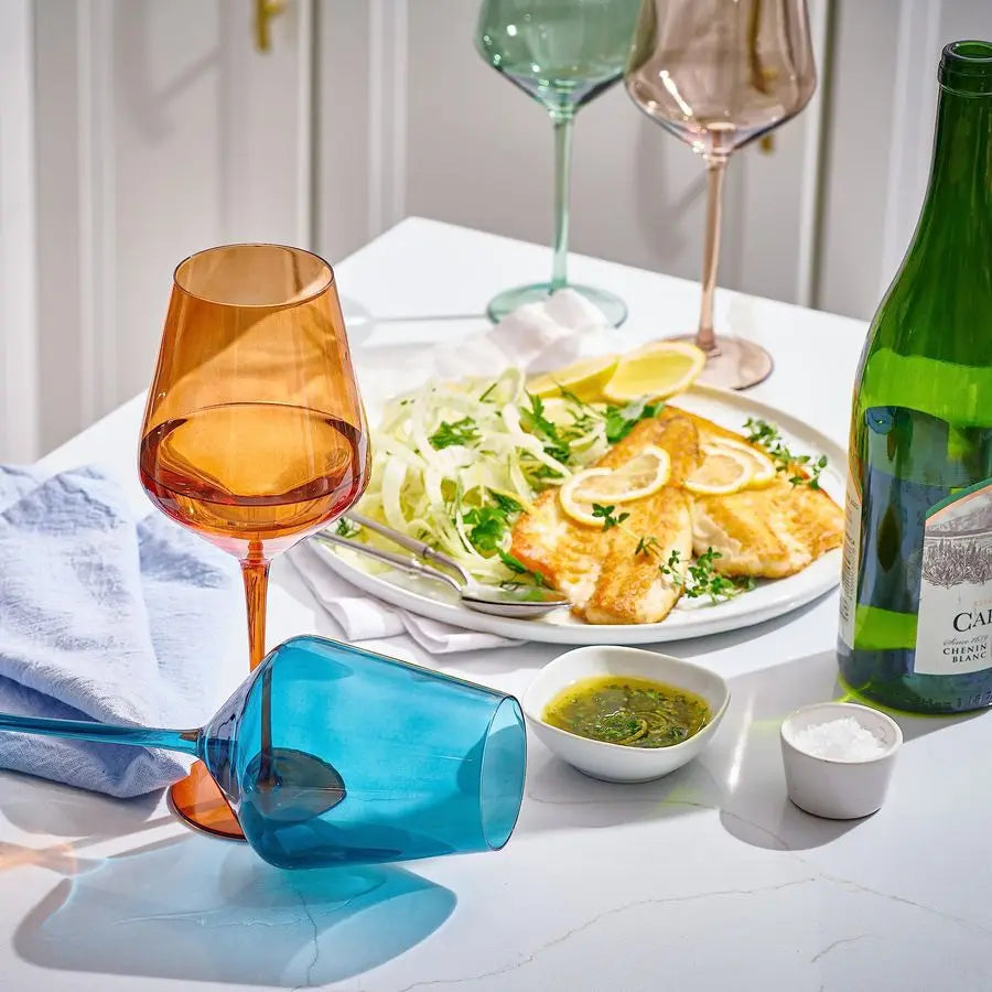 Set of 6 Art Deco Colorful Hand Blown Wine Glasses showcasing elegant lead-free stemware in pastel tones, perfect for wine enthusiasts.