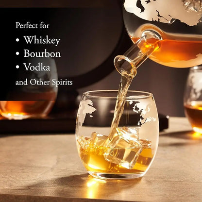 The Ship-in-a Bottle Globe Design Crystal Clear Whiskey Decanter Set w/4 Glasses