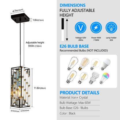 Modern Black Finish Crystal Pendant Light- Pack of 3