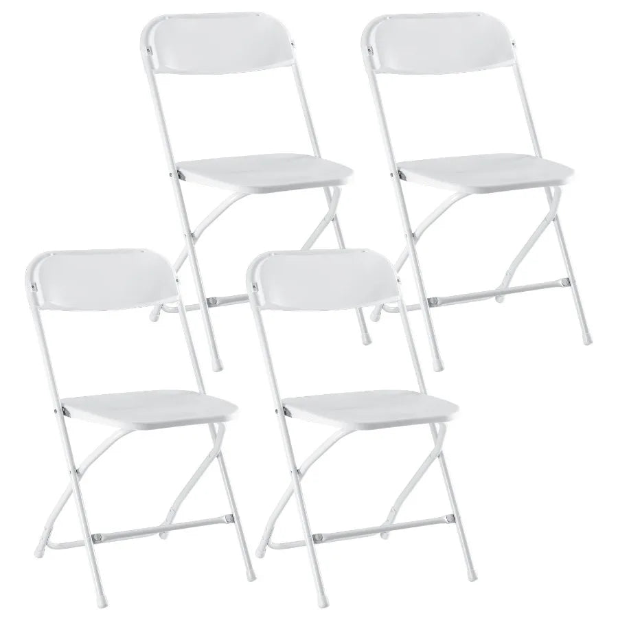 Durable commercial-grade white folding chairs on display for rental or purchase, perfect for any occasion.